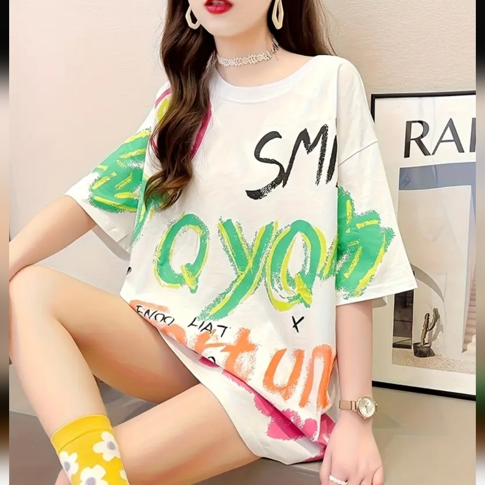 Women's Plus Size Loose Fit Cartoon Graphic Print T-Shirt - Casual Round Neck - Picture 2 of 5